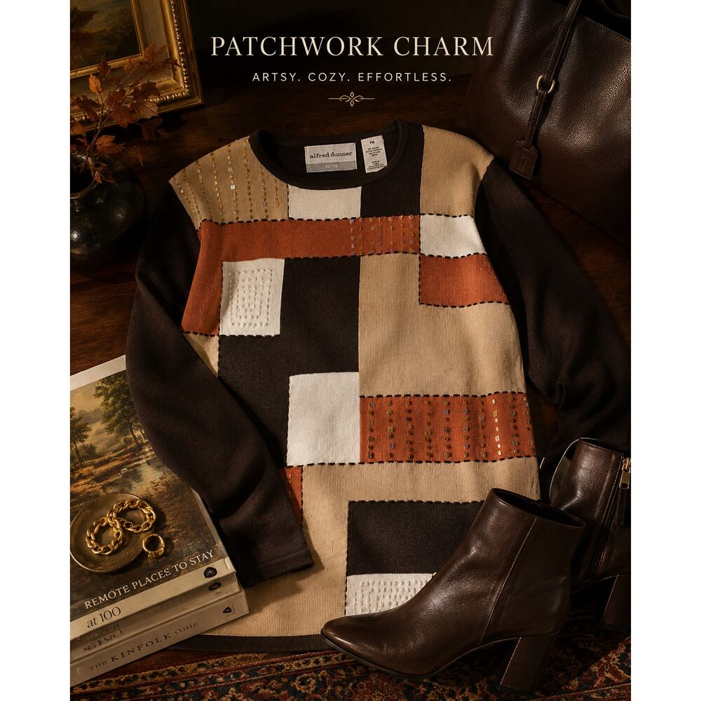 Alfred Dunner Patchwork Sweater Petite Medium Embellished Top